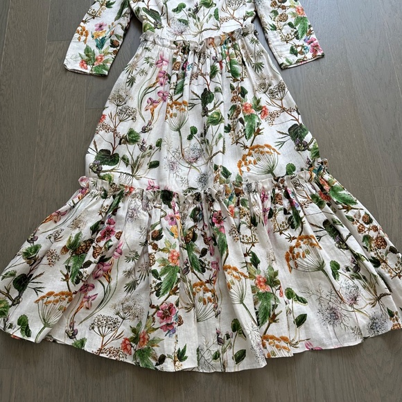 Cara Cara Blue Hill Whimsical Ivory Midi Dress Floral Linen Ruffle Tier - Size 4 - Picture 5 of 10